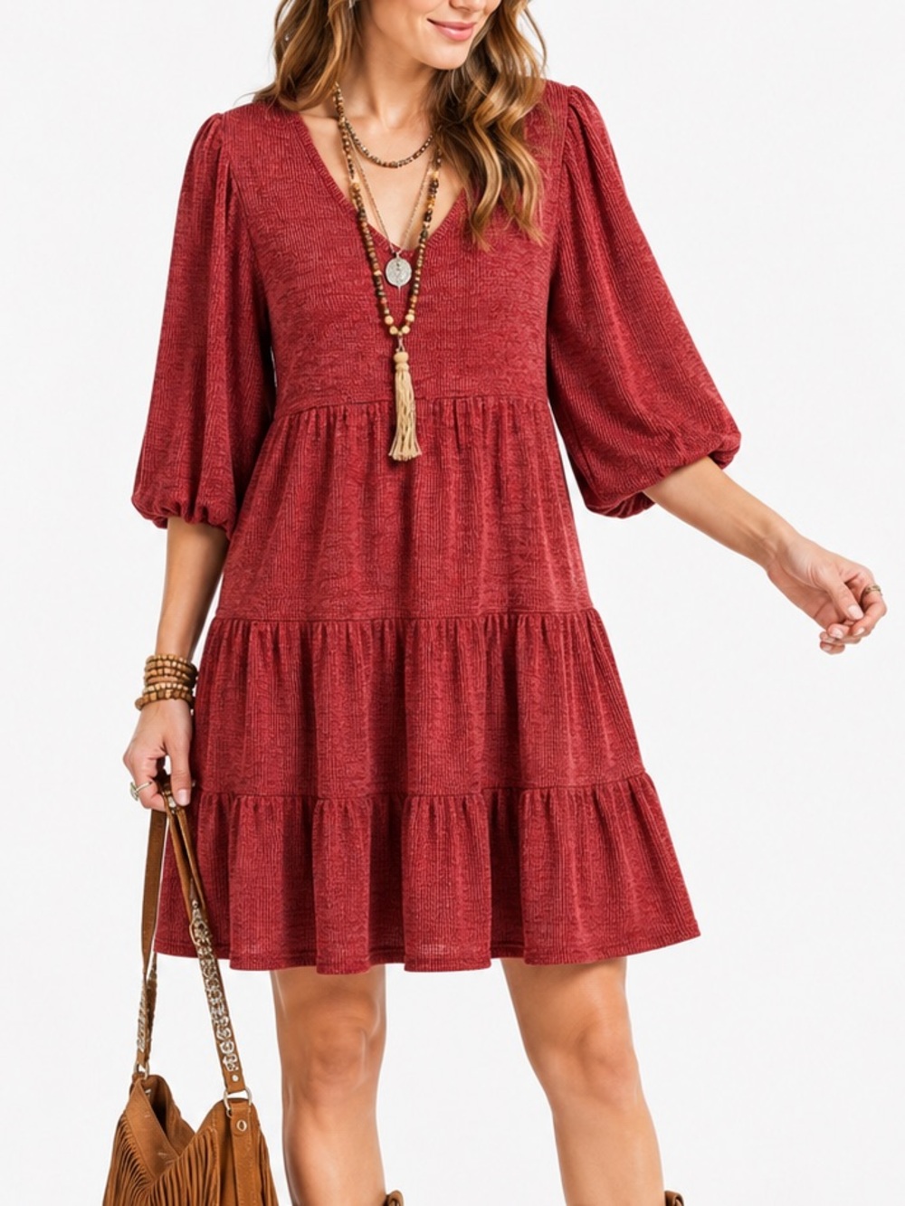 MAX STUDIO Rib Knit Elbow Sleeve Tiered Short Dress – Size S | NWT